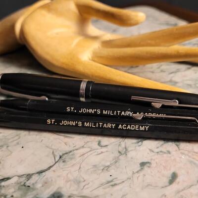 Lot 53: Vintage Office Desk Writing Set - (2) Saint John's Military Academy Mechanical Pencils + ESTERBROOK Fountain Pen