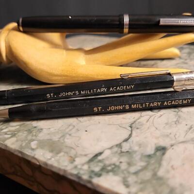 Lot 53: Vintage Office Desk Writing Set - (2) Saint John's Military Academy Mechanical Pencils + ESTERBROOK Fountain Pen