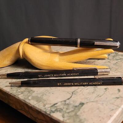 Lot 53: Vintage Office Desk Writing Set - (2) Saint John's Military Academy Mechanical Pencils + ESTERBROOK Fountain Pen