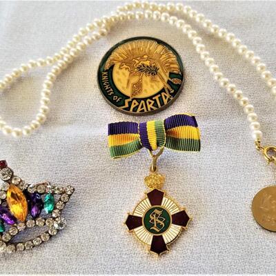 Lot #118  Mardi Gras Lot - Knights of Sparta Krewe Pin, Heavy Doubloon, Maid's Necklace, Crown Pin
