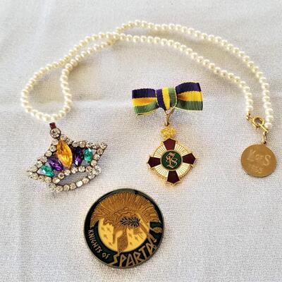 Lot #118  Mardi Gras Lot - Knights of Sparta Krewe Pin, Heavy Doubloon, Maid's Necklace, Crown Pin