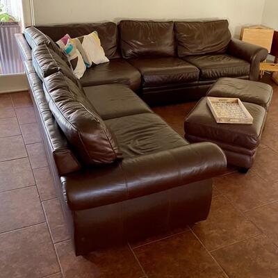 Pottery Barn brown buckskin sectional with 2 ottomans