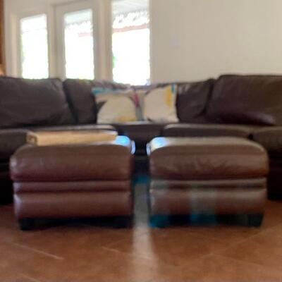 Pottery Barn brown buckskin sectional with 2 ottomans