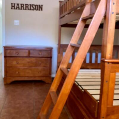 Solid oak queen bunkbed w/ full top bunk and twin trundle