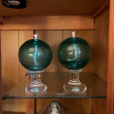 Pair Of Blue Glass Oil Lamps (DR - JS)