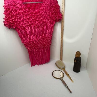 Ladies top, vintage brush and mirror and Anri Carved Monk Brush