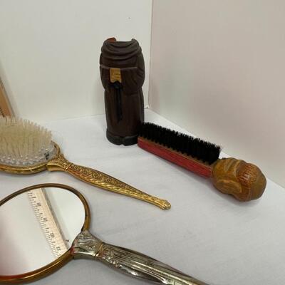 Ladies top, vintage brush and mirror and Anri Carved Monk Brush