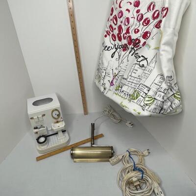 Tote, picture light, extension cords, plastic tissue holder