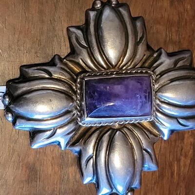 Lot 93: Vintage Pre-1948 Mexican Large Sterling & Amethyst Brooch