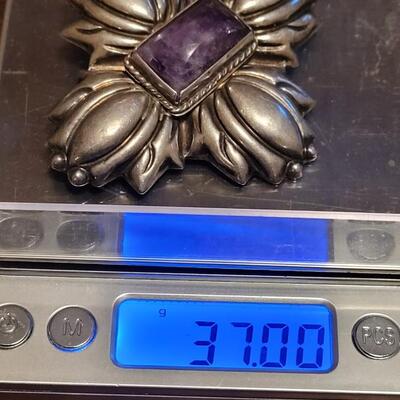 Lot 93: Vintage Pre-1948 Mexican Large Sterling & Amethyst Brooch