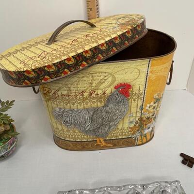 Antique Key, chicken bucket, crystal rectangle dish, Asian plant with metal leaves