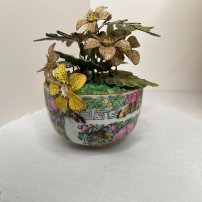 Antique Key, chicken bucket, crystal rectangle dish, Asian plant with metal leaves