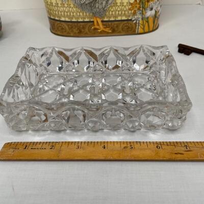 Antique Key, chicken bucket, crystal rectangle dish, Asian plant with metal leaves