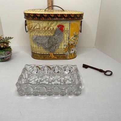 Antique Key, chicken bucket, crystal rectangle dish, Asian plant with metal leaves