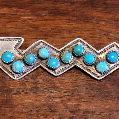 Lot 94: Vintage 1980's Rare HEATHER HICKS Turquois & Sterling Arrow Brooch Made in Taos