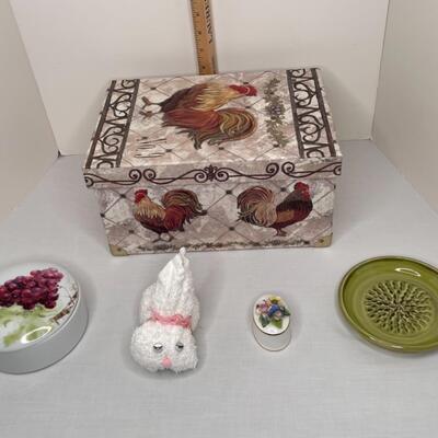 Box with lid, large and small trinket boxes, dish, new wash cloth bunny