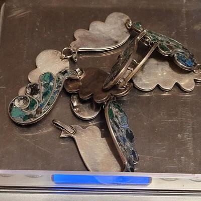 Lot 96: Vintage Mexican D.F. (Mexico City) Inlayed Sterling Necklace and Bracelet Set Signed J.R.