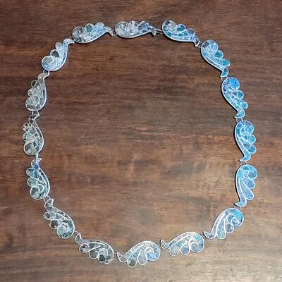 Lot 96: Vintage Mexican D.F. (Mexico City) Inlayed Sterling Necklace and Bracelet Set Signed J.R.