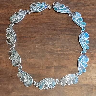 Lot 96: Vintage Mexican D.F. (Mexico City) Inlayed Sterling Necklace and Bracelet Set Signed J.R.