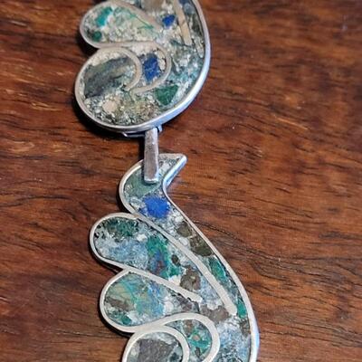 Lot 96: Vintage Mexican D.F. (Mexico City) Inlayed Sterling Necklace and Bracelet Set Signed J.R.