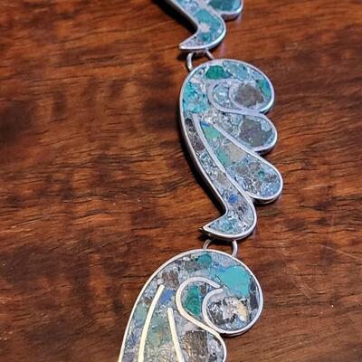 Lot 96: Vintage Mexican D.F. (Mexico City) Inlayed Sterling Necklace and Bracelet Set Signed J.R.