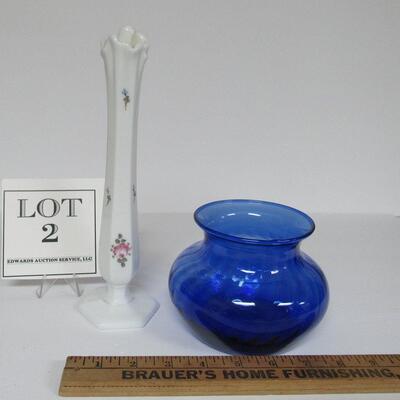 Vintage Westmoreland Hand Painted Bud Vase and Cobalt Blue Vase