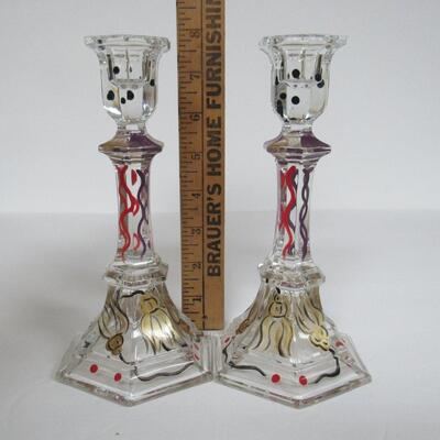 Vintage Hand Painted Clear Candle Sticks