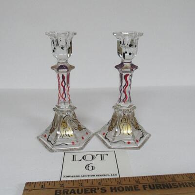 Vintage Hand Painted Clear Candle Sticks