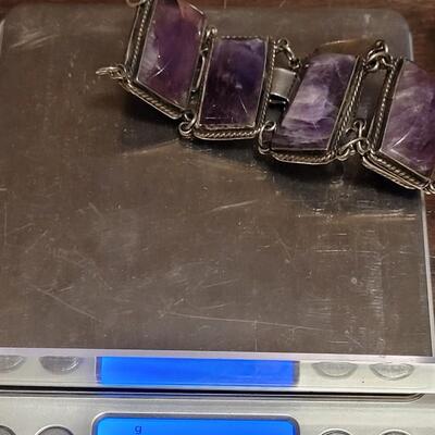 Lot 97: Vintage Pre-1948 Large Mexican Silver & Amethyst Bracelet