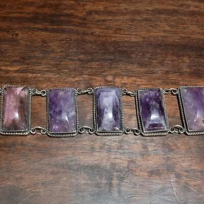 Lot 97: Vintage Pre-1948 Large Mexican Silver & Amethyst Bracelet