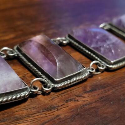 Lot 97: Vintage Pre-1948 Large Mexican Silver & Amethyst Bracelet