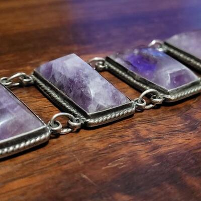 Lot 97: Vintage Pre-1948 Large Mexican Silver & Amethyst Bracelet