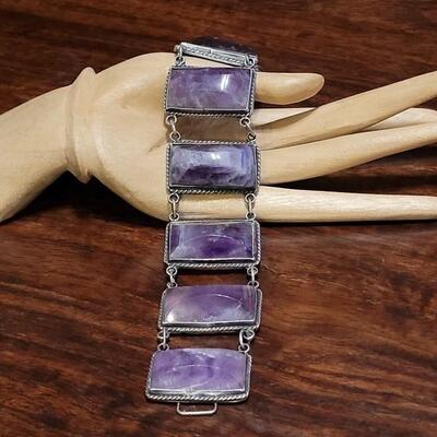 Lot 97: Vintage Pre-1948 Large Mexican Silver & Amethyst Bracelet