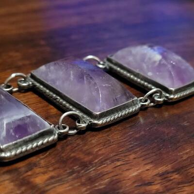 Lot 97: Vintage Pre-1948 Large Mexican Silver & Amethyst Bracelet