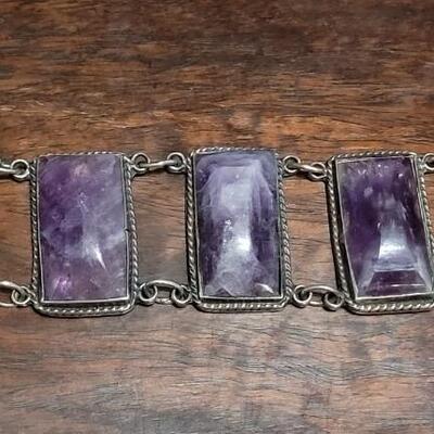 Lot 97: Vintage Pre-1948 Large Mexican Silver & Amethyst Bracelet