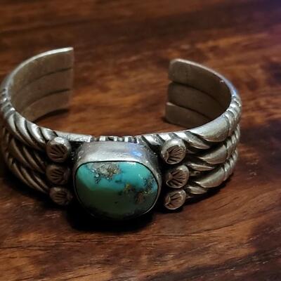Lot 103: Old Pawn Navajo Heavy Silver & Royston Turquoise Cuff Bracelet