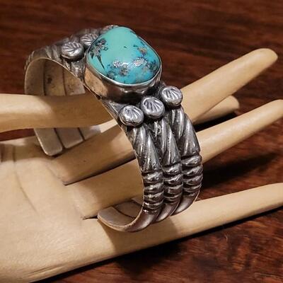 Lot 103: Old Pawn Navajo Heavy Silver & Royston Turquoise Cuff Bracelet