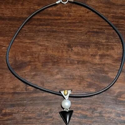 Lot 111: Vintage 24" Mexican Sterling, Onyx, Pearl & Tiger's Eye Necklace
