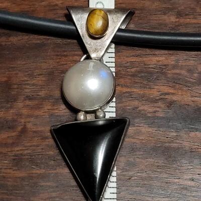 Lot 111: Vintage 24" Mexican Sterling, Onyx, Pearl & Tiger's Eye Necklace