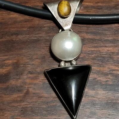 Lot 111: Vintage 24" Mexican Sterling, Onyx, Pearl & Tiger's Eye Necklace