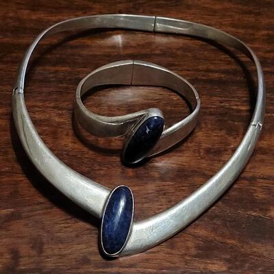 Lot 112: Vintage TAXCO Hinged Sterling & Lapis Necklace and Bracelet Set
