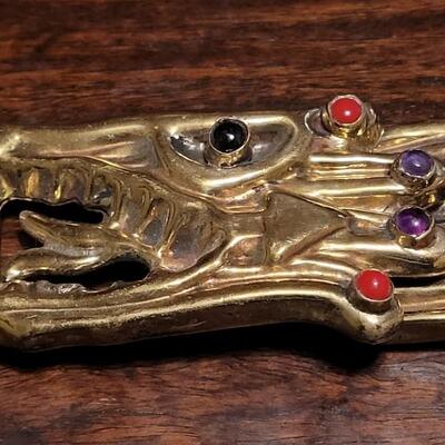 Lot 118:  Rare Vintage Extra Large Hinged Brass Alejibre Modernist Belt Buckle with Gemstones