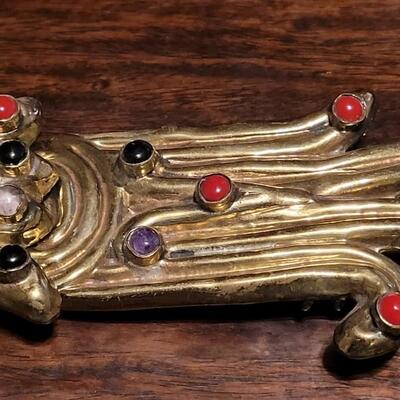 Lot 118:  Rare Vintage Extra Large Hinged Brass Alejibre Modernist Belt Buckle with Gemstones