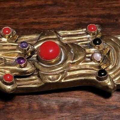 Lot 118:  Rare Vintage Extra Large Hinged Brass Alejibre Modernist Belt Buckle with Gemstones