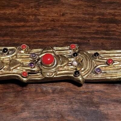Lot 118:  Rare Vintage Extra Large Hinged Brass Alejibre Modernist Belt Buckle with Gemstones