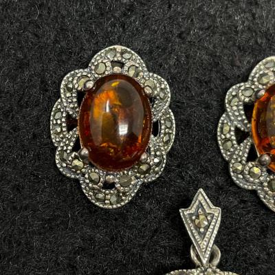 STERLING 925 & AMBER EARRING AND PENDANT SET