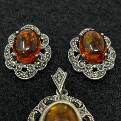 STERLING 925 & AMBER EARRING AND PENDANT SET
