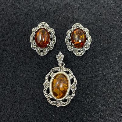STERLING 925 & AMBER EARRING AND PENDANT SET