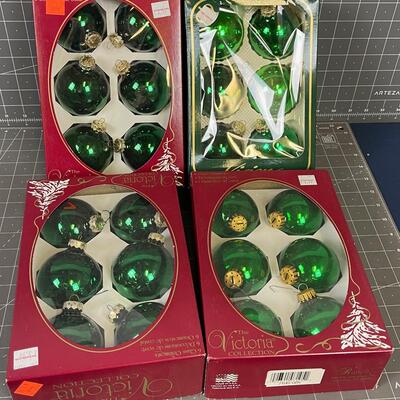 Visions (4) Boxes of GREEN Glass Ornaments 