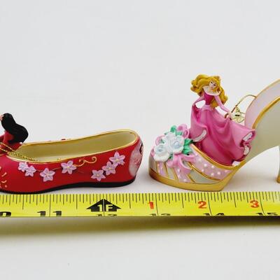 BRADFORD EXCHANGE DISNEY ONCE UPON A TIME SLIPPERS "MULAN & SLEEPING BEAUTY" ORNAMENTS